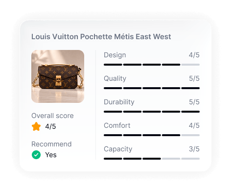 A designer handbag review with ratings in the Royouss app