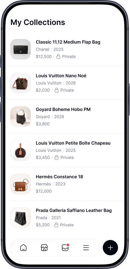 The Royouss Collection screen listing privately saved designer bags