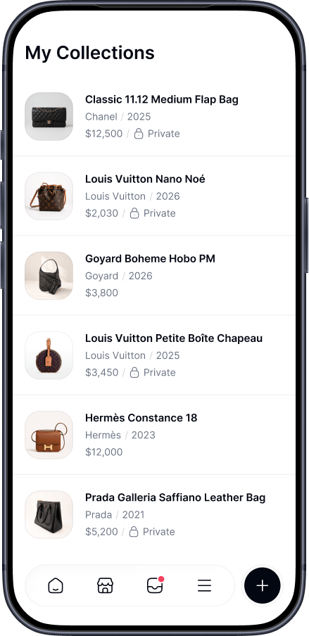 The Royouss Collection screen listing privately saved designer bags