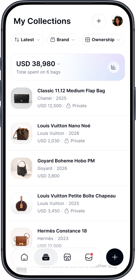 The Royouss Collections tab showing the total spent on six designer bags and the bag list