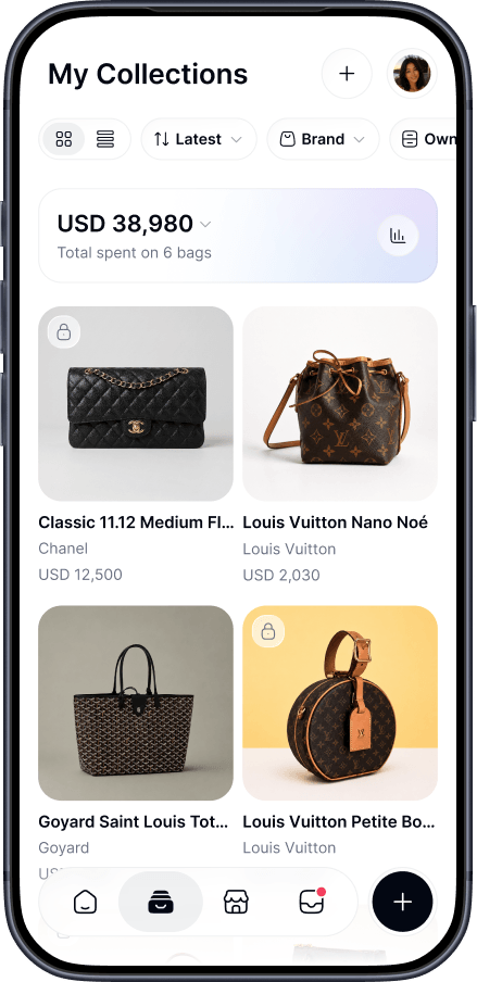 The Royouss Collections tab showing the total spent on six designer bags and a photo grid of the bags