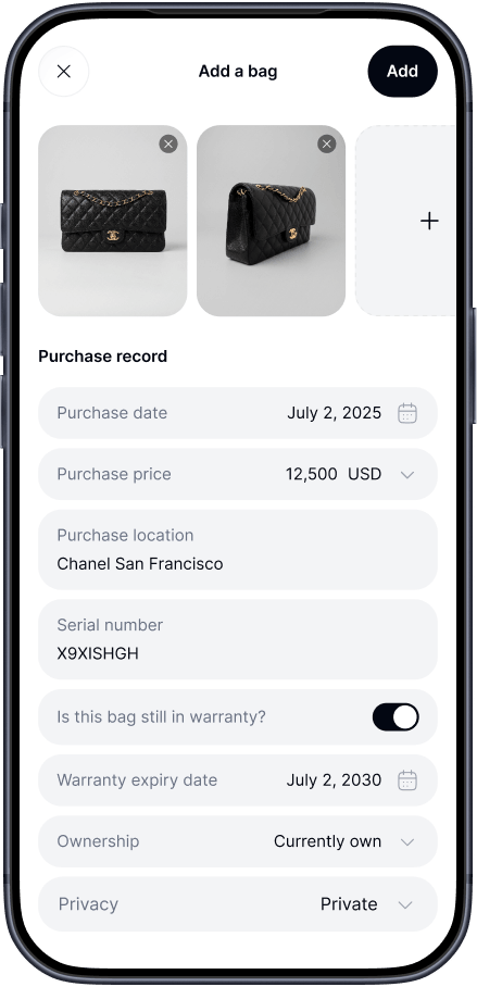 The Royouss add-a-bag screen with private purchase records