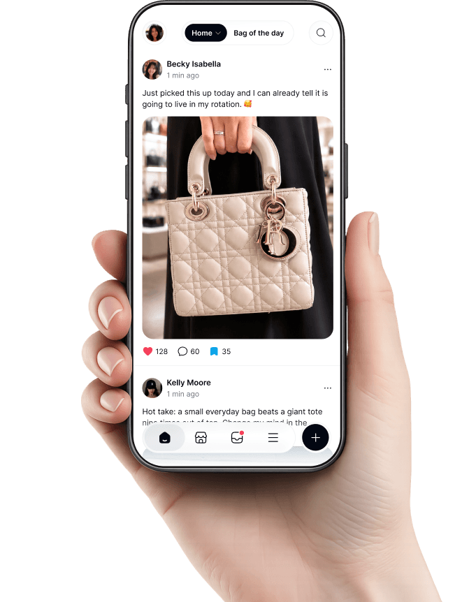 The Royouss app showing a feed of daily designer bag carries