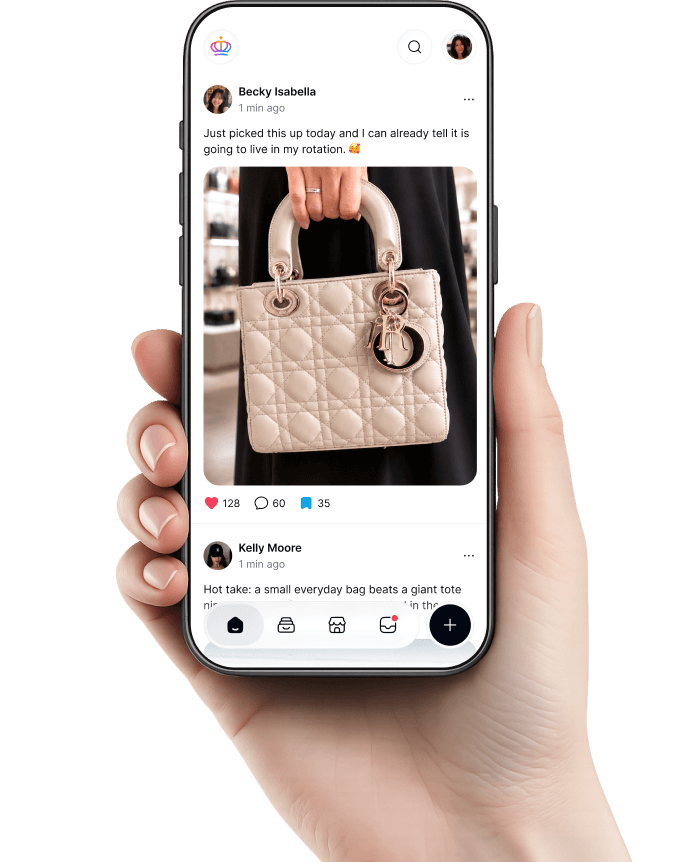 The Royouss app showing the Home feed with a new designer bag pickup